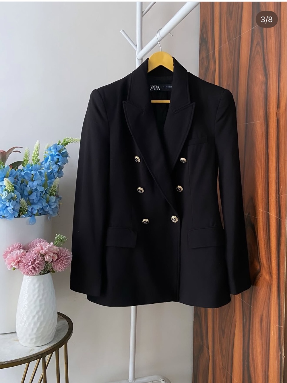 Zara Double-Breasted Black Blazer with Gold Buttons